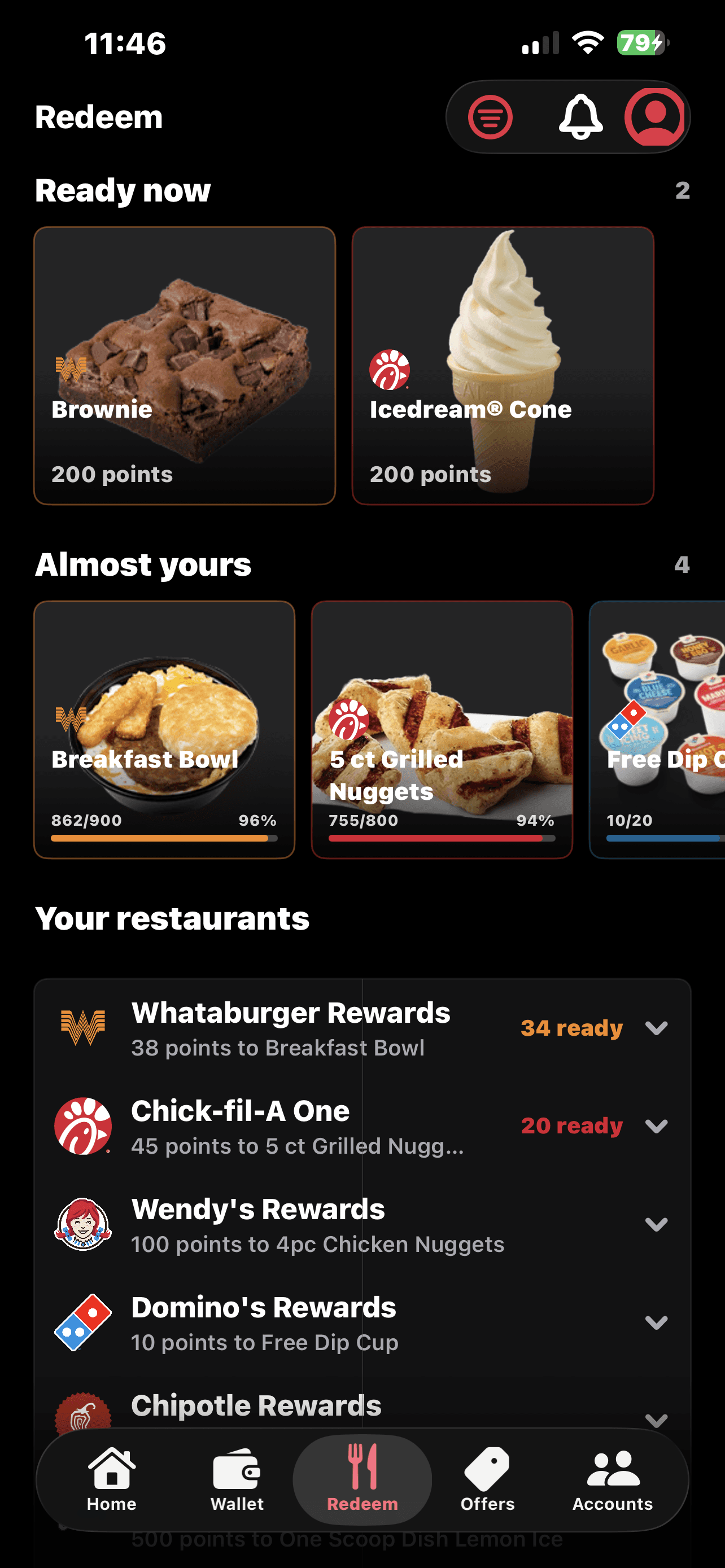 BonusBites Redeem showing rewards available now and rewards almost within reach