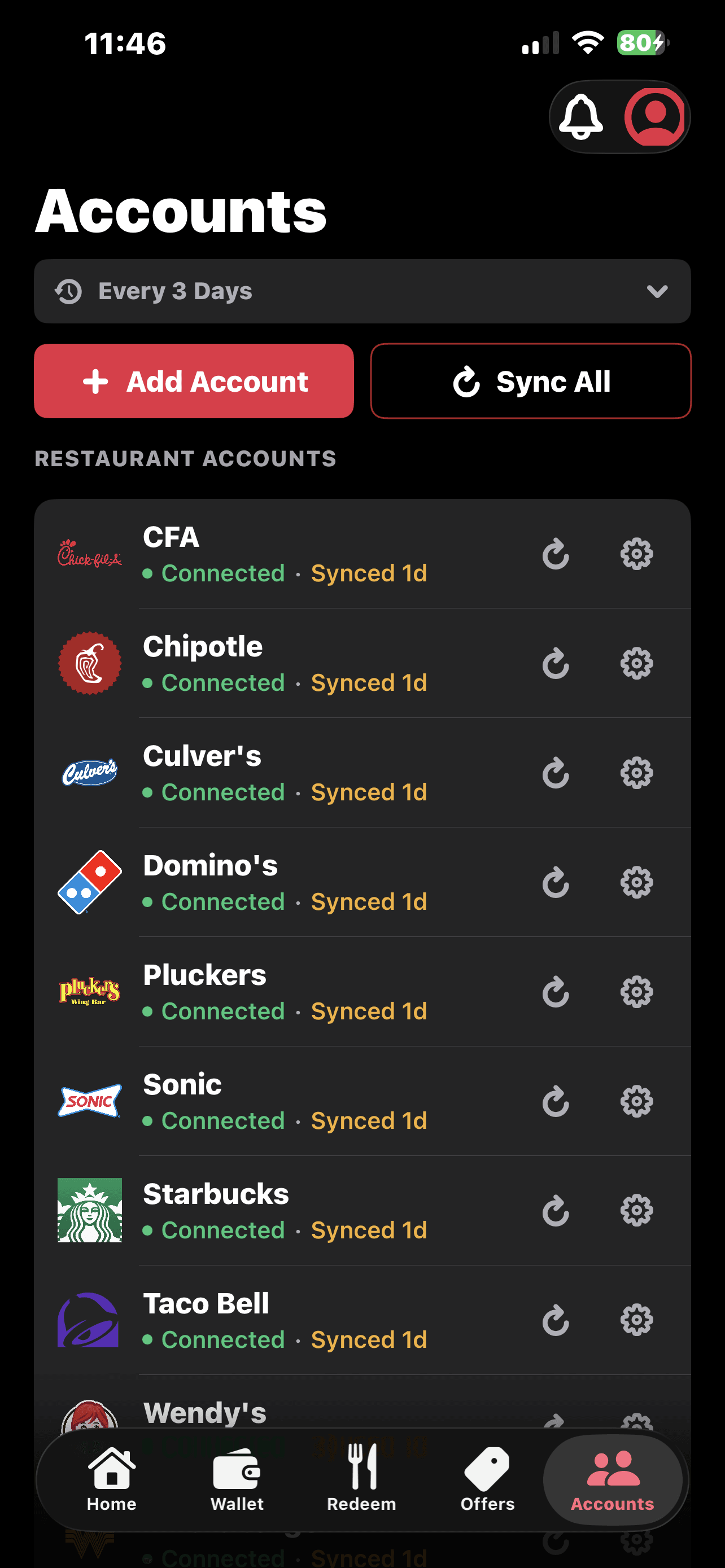 BonusBites Accounts with connection status and refresh controls